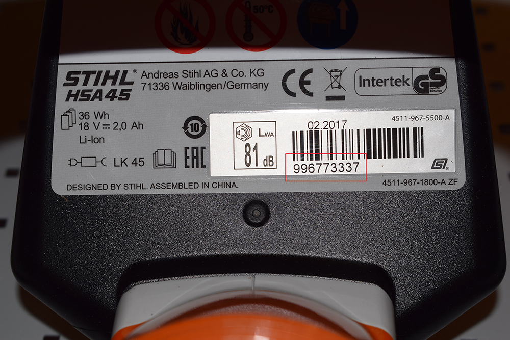 location of serial number on stihl chainsaw